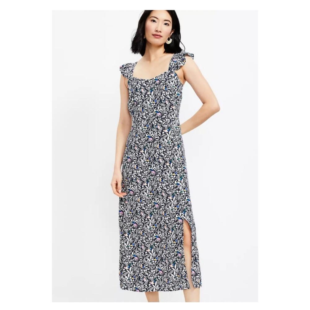 LOFT Blue&White Bird Ruffle Strap Maxi Dress Sz.16 NWT